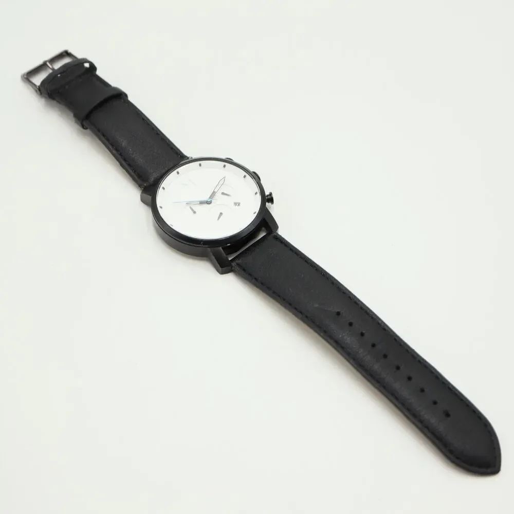 MVMT Men's 45mm Chronograph Minimal Watch White Black Faux Leather w New Battery